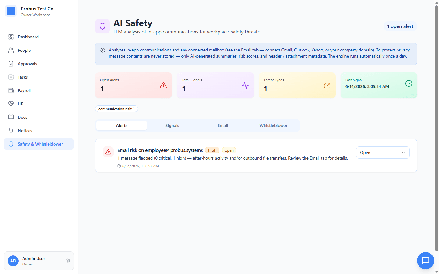 Probus AI Safety console - risk scoring on communications